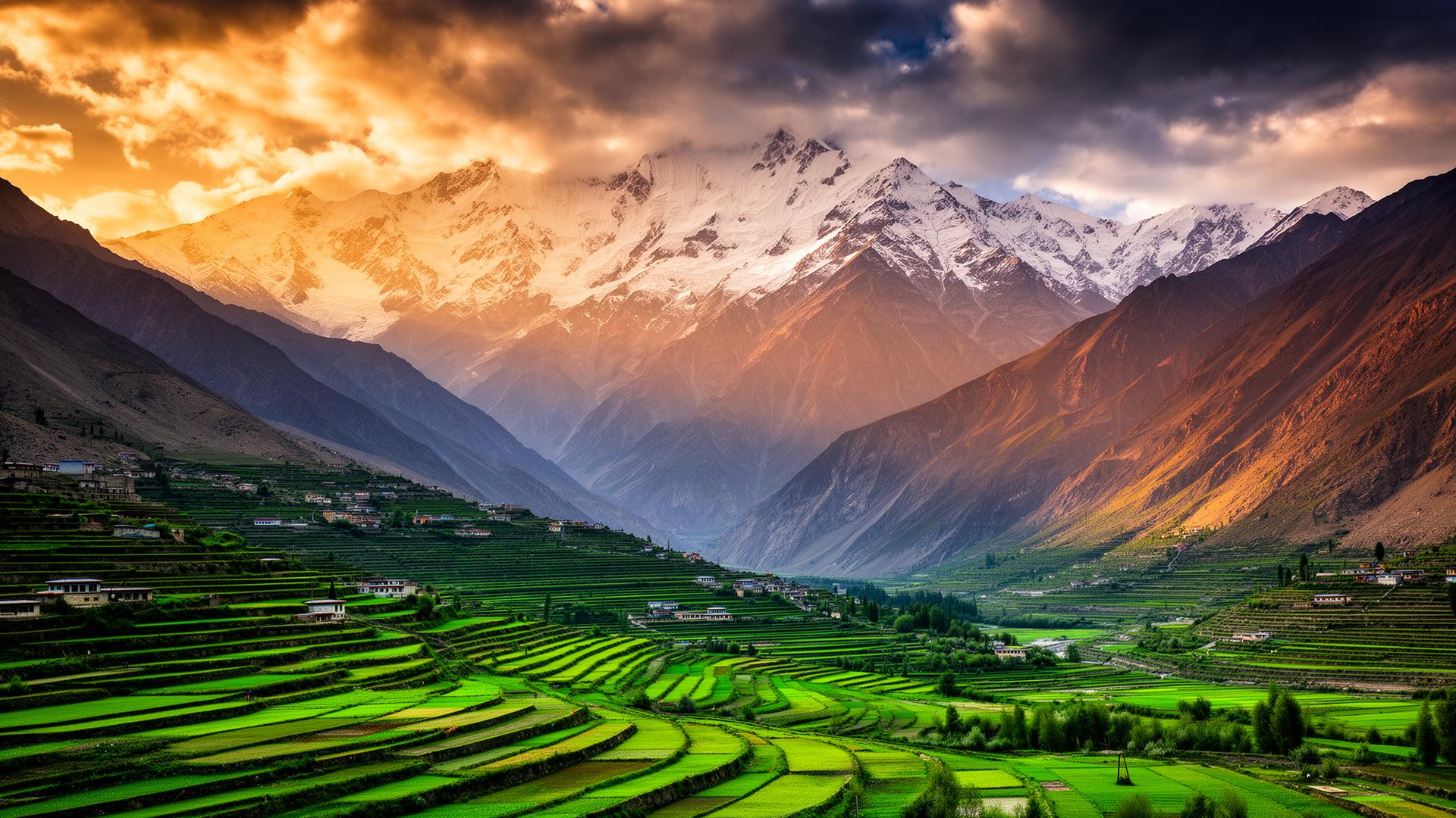 Karakoram mountains over Hunza Valley at golden hour